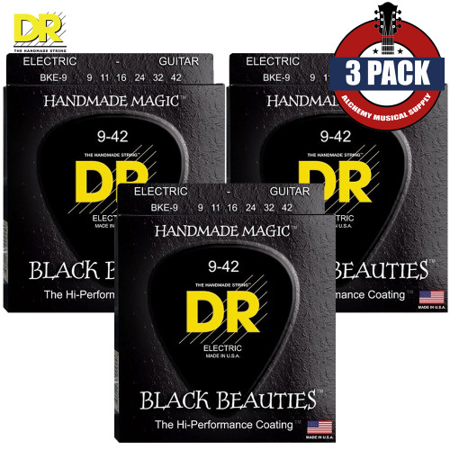 3-PACK DR BKE-9 Black Beauties K3 Coated Electric Guitar Strings 9-42