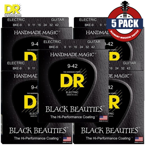 5-PACK DR BKE-9 Black Beauties K3 Coated Electric Guitar Strings 9-42