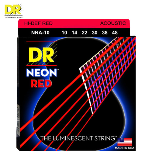DR NRA-10 Hi-Def Neon Red K3 Coated Acoustic Guitar Strings 10-48