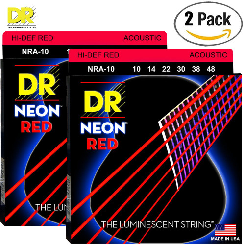 2-PACK DR NRA-10 Hi-Def Neon Red K3 Coated Acoustic Guitar Strings 10-48