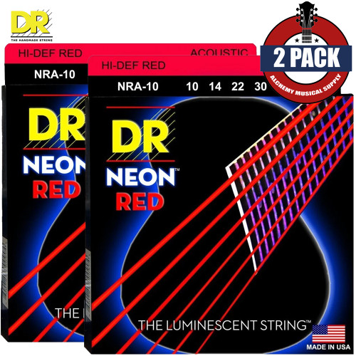 2-PACK DR NRA-10 Hi-Def Neon Red K3 Coated Acoustic Guitar Strings 10-48