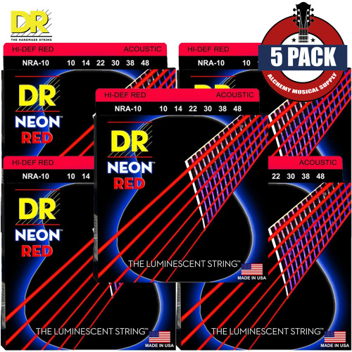 5-PACK DR NRA-10 Hi-Def Neon Red K3 Coated Acoustic Guitar Strings 10-48