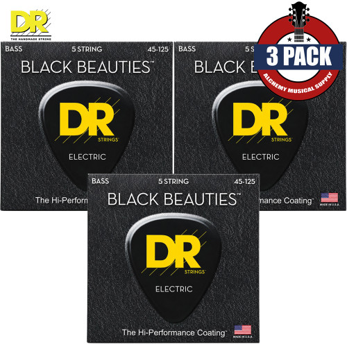 3-PACK DR BKB5-45 Black Beauties 5-String Coated Steel Bass Strings 45-125