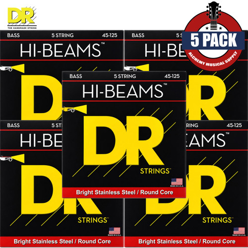 5-PACK DR MR5-45 Hi-Beam Stainless Steel 5-String Bass Guitar Strings 45-125