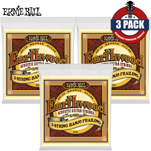 3-PACK Ernie Ball 2061 Earthwood 5-String Frailing 80/20 Bronze Banjo Strings 10-24