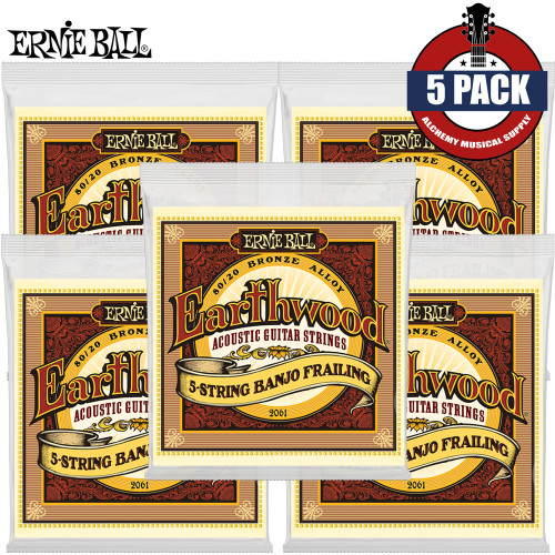 5-PACK Ernie Ball 2061 Earthwood 5-String Frailing 80/20 Bronze Banjo Strings 10-24