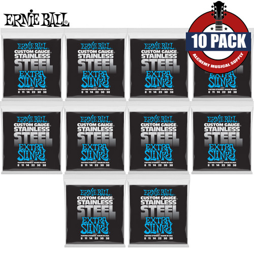 10-PACK Ernie Ball 2249 Extra Slinky Stainless Steel Electric Guitar Strings 8-38