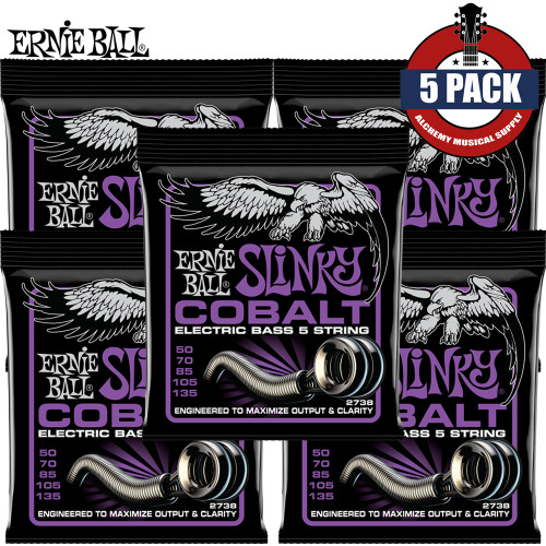 5-PACK Ernie Ball 2738 5-String Power Slinky Cobalt Electric Bass Strings 50-135