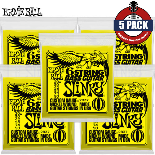 5-PACK Ernie Ball 2837 Slinky Nickel 6-String Electric Short Scale Bass Strings 20-90