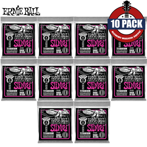 10-PACK Ernie Ball 3123 Super Slinky Coated Titanium Electric Guitar Strings 9-42
