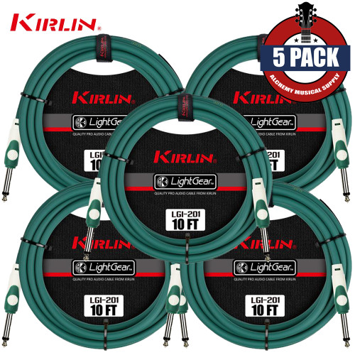 5-PACK Kirlin 10FT 1/4" LightGear Guitar Instrument Patch Cable Cord - Green