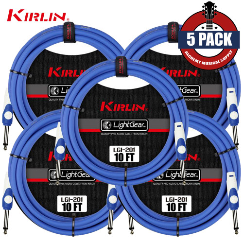 5-PACK Kirlin 10FT 1/4" LightGear Guitar Instrument Patch Cable Cord - Blue
