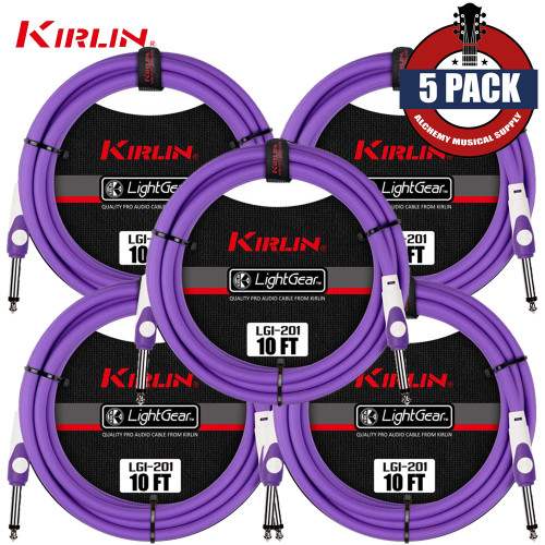 5-PACK Kirlin 10FT 1/4" LightGear Guitar Instrument Patch Cable Cord - Purple
