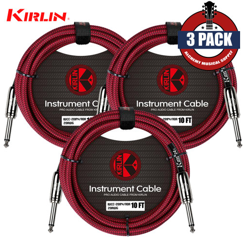 3-PACK Kirlin 10FT 1/4" Straight to Same 20AWG Woven Red Instrument Cable 3-PACK Kirlin 10FT 1/4" Straight to Same 20AWG Woven Red Instrument Cable