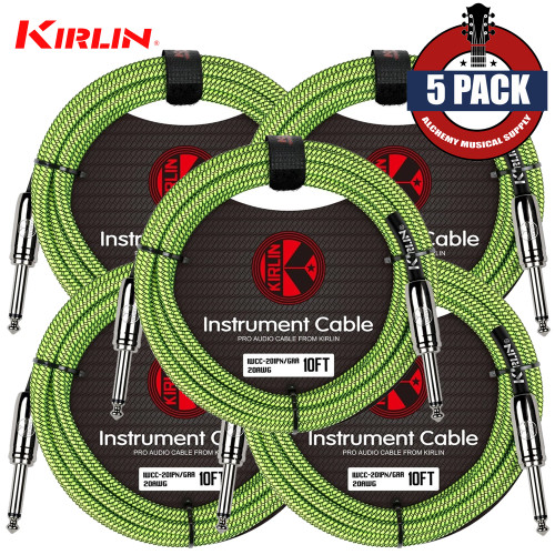 5-PACK Kirlin 10FT 1/4" Straight to Same 20AWG Woven Green Instrument Cable 5-PACK Kirlin 10FT 1/4" Straight to Same 20AWG Woven Green Instrument Cable