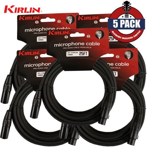 5-PACK Kirlin 25FT XLR Male to XLR Female 20AWG Microphone Cable Black MPC-270 PB-25/BK