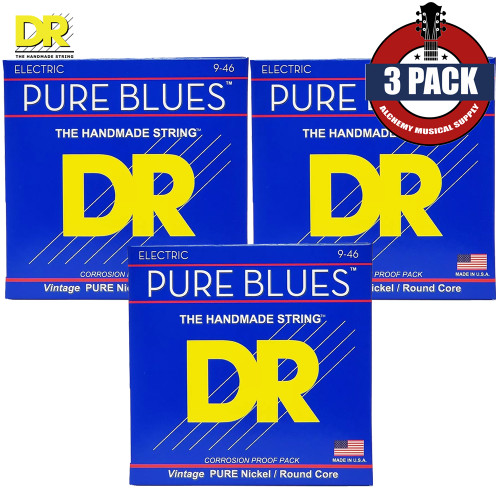 3-PACK DR PHR-9/46 Pure Blues Pure Nickel Electric Guitar Strings 9-46 Light/Medium