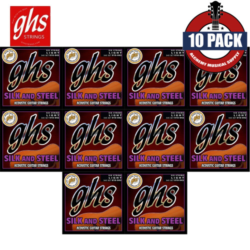 10-PACK GHS Strings 345 Silk & Steel Silver Plated Light Acoustic Guitar Strings 10-42