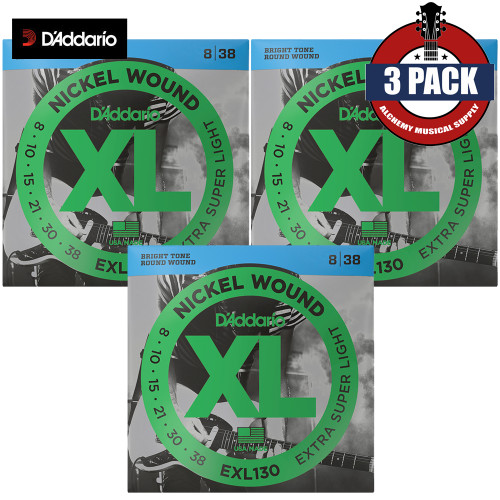 3-PACK D'Addario EXL130 Nickel Wound Electric Guitar Strings 8-38 Extra Super Light