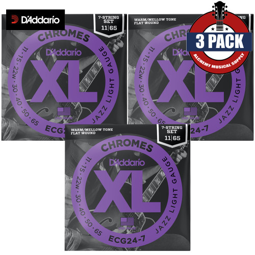 3-PACK D'Addario ECG24-7 7-String XL Chromes Jazz Light Electric Guitar Strings 11-65