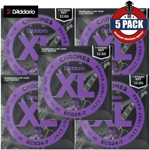 5-PACK D'Addario ECG24-7 7-String XL Chromes Jazz Light Electric Guitar Strings 11-65