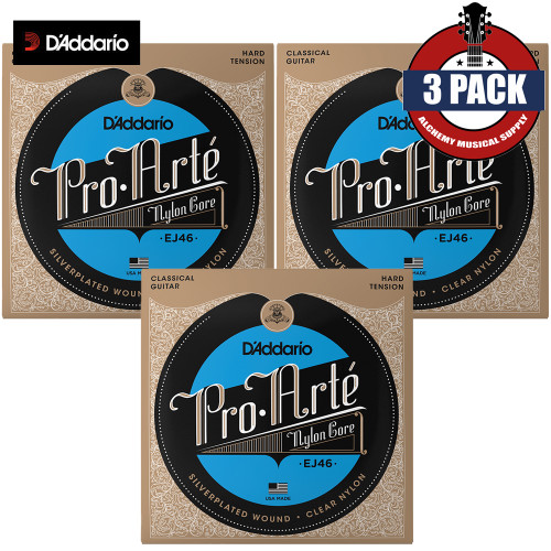 3-PACK D'Addario EJ46 Pro-Arté Hard Tension Classical Guitar Strings Clear Nylon