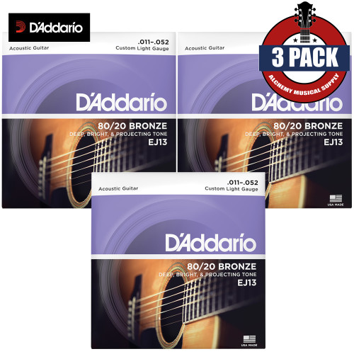 3-PACK D'Addario EJ13 Custom Light 80/20 Bronze Acoustic Guitar Strings 11-52