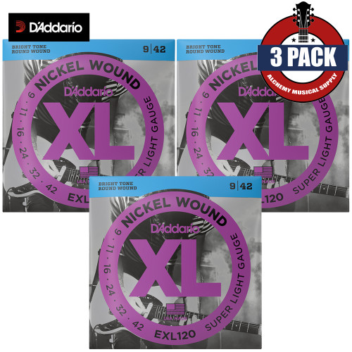 3-PACK D'Addario EXL120 XL Nickel Super Light Electric Guitar Strings 9-42