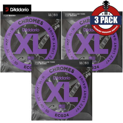 3-PACK D'Addario ECG24 XL Chromes Flatwound Electric Guitar Strings 11-50 Jazz Light