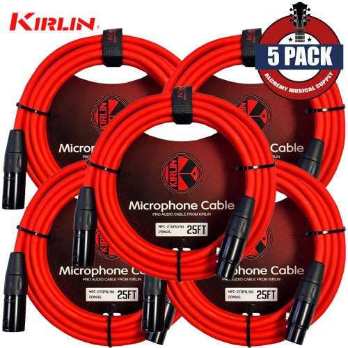 5-PACK Kirlin 25FT XLR Male to XLR Female 20AWG Microphone Cable Red MPC-270 PB-25/RD