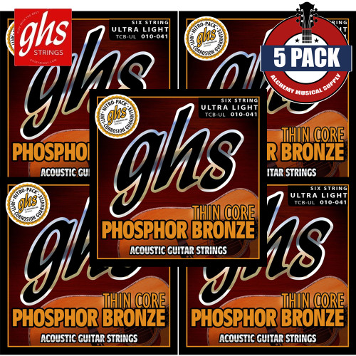 5-PACK GHS TCB-UL Thin Core Phosphor Bronze Acoustic Guitar Strings Ultra Light 10-41
