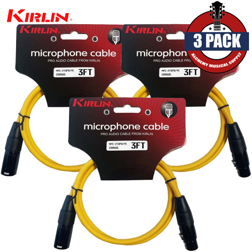 3-PACK Kirlin 3FT XLR Male/Female 20AWG Microphone Audio Cable Yellow XLRM-XLRF