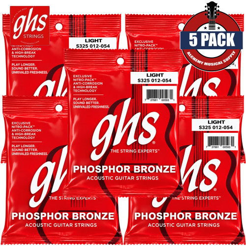 5-PACK GHS S325 Phosphor Bronze Light Gauge Acoustic Guitar Strings 12-54