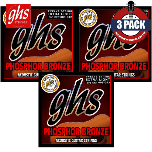 3-PACK GHS 605 Phosphor Bronze 12-String Acoustic Guitar Strings Extra Light 9-42
