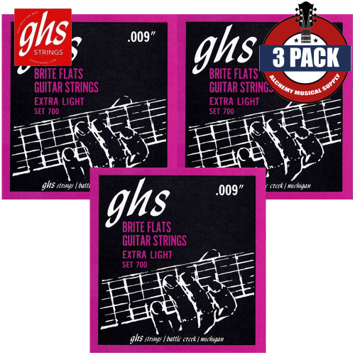 3-PACK GHS 700 Brite Flats Micro-Ground Roundwound Nickel Guitar Strings 9-42