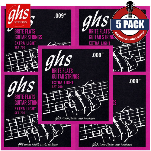 5-PACK GHS 700 Brite Flats Micro-Ground Roundwound Nickel Guitar Strings 9-42