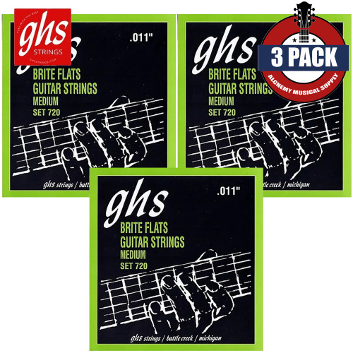 3-PACK GHS 720 Brite Flats Micro-Ground Roundwound Nickel Electric Guitar Strings 11-50