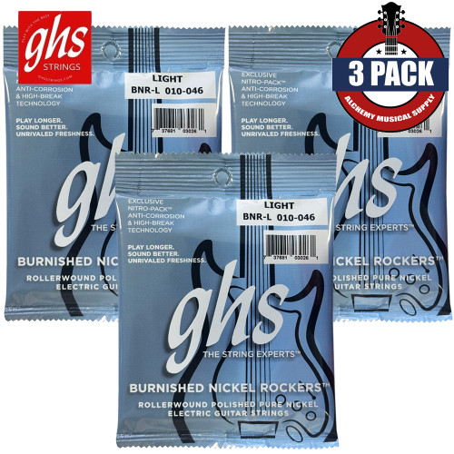 3-PACK GHS BNR-L Burnished Nickel Rockers Light Electric Guitar Strings 10-46