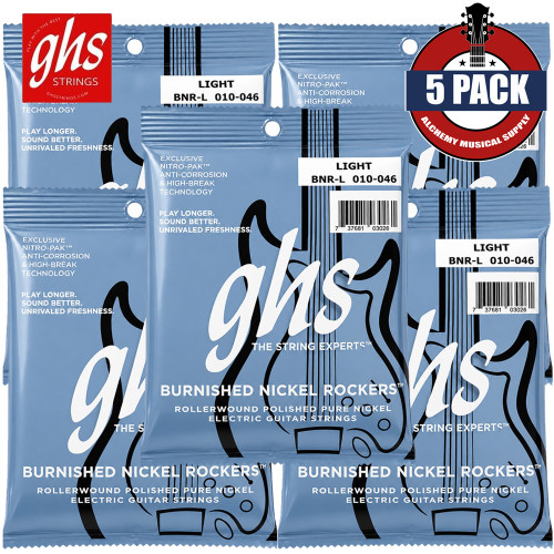 5-PACK GHS BNR-L Burnished Nickel Rockers Light Electric Guitar Strings 10-46