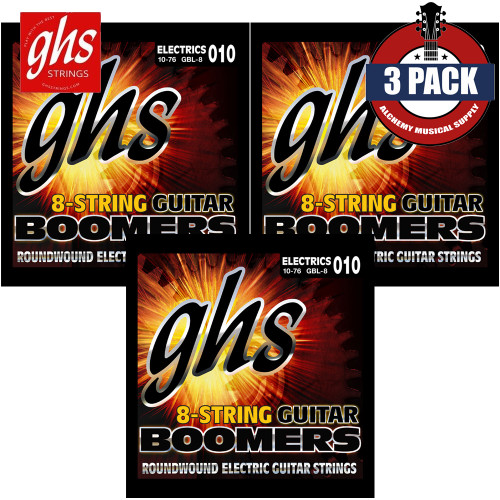 3-PACK GHS GBL-8 Boomers 8-String Nickel Electric Guitar Strings 10-76