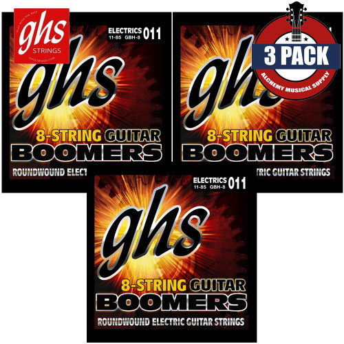 3-PACK GHS GBH-8 8-String Nickel Plated Round Wound Heavy Electric Guitar Strings 11-85