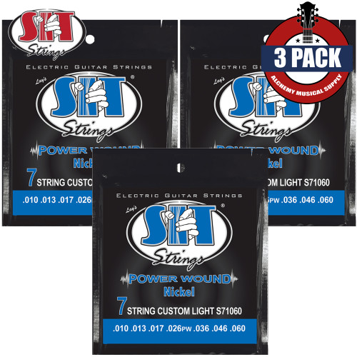 3-PACK SIT S71060 Power Wound 7-String Nickel Plated Electric Guitar Strings 10-60