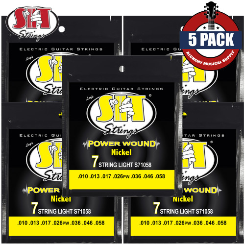 5-PACK SIT S71058 Power Wound 7-String Nickel Plated Electric Guitar Strings 10-58