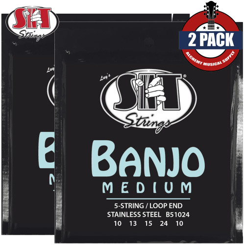 2-PACK SIT B51024 Medium Loop End Stainless Steel 5-String Banjo Strings 10-10