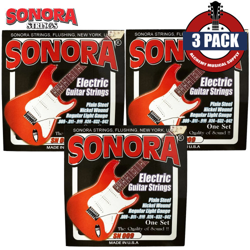 3-PACK Sonora SN009 Nickel Wound Light Electric Guitar Strings 9-42