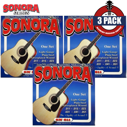 3-PACK Sonora SN611 Silver Plated Steel Light Acoustic Guitar Strings 11-51