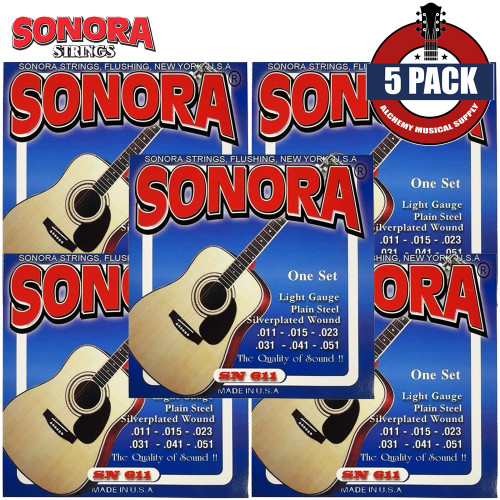 5-PACK Sonora SN611 Silver Plated Steel Light Acoustic Guitar Strings 11-51