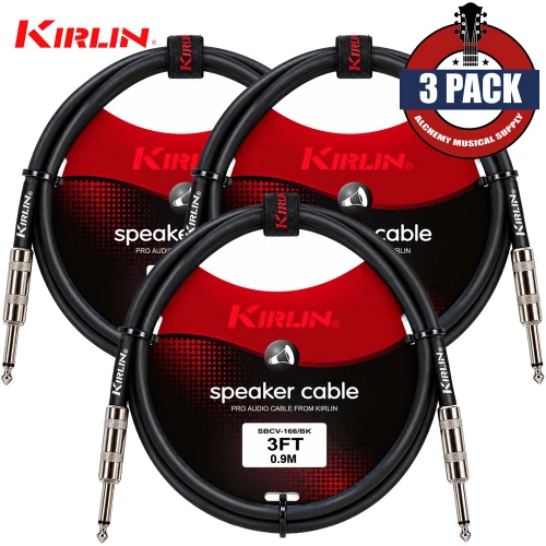 3-PACK Kirlin SBCV-166-03/BK 3FT 16AWG Straight 1/4" Mono Plug Speaker Cable Black