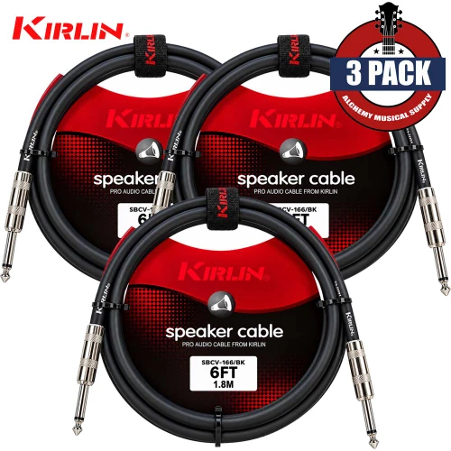 3-PACK Kirlin SBCV-166-06/BK 6FT 16AWG Straight 1/4" Mono Plug Speaker Cable Black