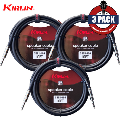 3-PACK Kirlin SBCV-166-10/BK 10FT 16AWG Straight 1/4" Mono Plug Speaker Cable Black